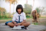 Asian Girl Of Student In Countryside Stock Photo