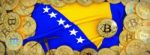 Bitcoins Gold Around Bosnia And Her  Flag And Pickaxe On The Lef Stock Photo