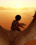Boy Riding The Dragon,3d Illustration Stock Photo