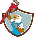 Eagle Plumber Raising Up Pipe Wrench Crest Cartoon Stock Photo