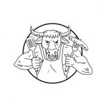 Longhorn Bull Holding Barbecue Sausage Drawing Black And White Stock Photo