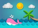Pink Whale Swimming In The Sea And Coconut Tree With The Sun For Stock Photo