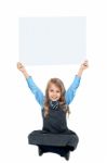 Sweet Kid Holding Blank Ad Board Above Her Head Stock Photo