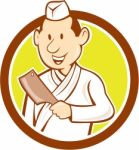 Japanese Chef Cook Meat Cleaver Circle Cartoon Stock Photo