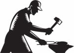Blacksmith Worker Forging Iron Black And White Woodcut Stock Photo