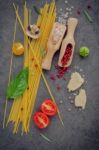 Italian Food Concept. Spaghetti With Ingredients Sweet Basil ,to Stock Photo