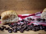 Coffee And Bread Wooden Background Stock Photo