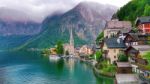 Scenic Picture-postcard View Of Little Famous Hallstatt Mountain Village With Hallstaetter Lake In The Austrian Alps, Region Of Salzkammergut, Austria Stock Photo