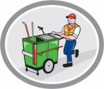 Street Cleaner Pushing Trolley Oval Cartoon Stock Photo