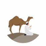 Man Praying And Camel With White Background Stock Photo