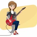 Cartoon Cute Girl Playing Electric Guitar Stock Photo