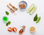 Natural Herbal Skin Care Products. Top View Ingredients Cucumber Stock Photo