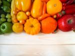 Colorful Fresh Fruits And Vegetables On Wood Background, Healthy Stock Photo