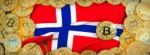 Bitcoins Gold Around Norway  Flag And Pickaxe On The Left.3d Ill Stock Photo