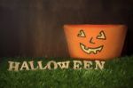 Wooden Halloween Words On Grass Background Stock Photo