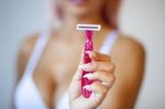 Pink Hair Attractive Woman Hold Pink Female Shaver In Hand Stock Photo