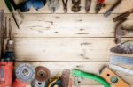 Old Equipment Tools Set On Wood Stock Photo