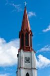 Tower Of The Evangelical Parish Church In Attersee Stock Photo