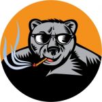 Black Bear Sunglasses Cigar Circle Woodcut Stock Photo