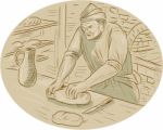 Medieval Baker Kneading Bread Dough Oval Drawing Stock Photo