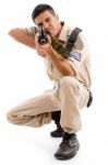 Soldier Going To Shoot With Gun Stock Photo