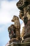 Statue Of A Lion On St. George's Fountain In Rothenburg Ob Der T Stock Photo