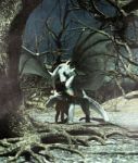 Girl Hugging A Dragon In Creepy Forest,3d Mixed Media Stock Photo