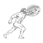 Heracles With Shield Urging Forward Drawing Black And White Stock Photo