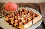 Waffle With Scoop Of Strawberry Sherbet Ice Cream Stock Photo