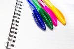 Blank Notebook, Blank Diary With Colorful Pen, Business Concept Stock Photo