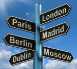 London Paris Madrid Berlin Signpost Stock Photo