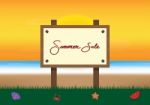 Summer Sale Promotion Season With Board And Sea Beach Background Stock Photo