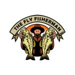 Fly Fisherman Holding Largemouth Bass Woodcut Stock Photo