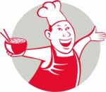 Asian Chef Serving Noodle Bowl Dancing Circle Cartoon Stock Photo