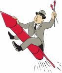 Man Bowler Hat Riding Fireworks Rocket Cartoon Stock Photo