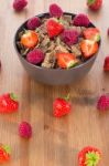 Bran Flakes With Fresh Raspberries And Strawberries Stock Photo