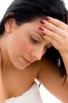 Close Up Of Woman In Towel On An Isolated White Background Stock Photo