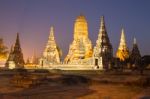 Beautiful Wat Chai Watthanaram Temple In Ayutthaya Thailand At Twilight Time Stock Photo