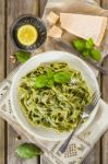 Homemade Spinach Pasta With Pesto And Parmesan Cheese Stock Photo