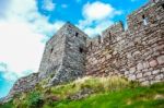 Great Stone Wall Of Peel Castle Constructed By Viking In City Of Peel, Isle Of Man Stock Photo