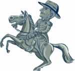 American Cavalry Officer Riding Horse Prancing Cartoon Stock Photo
