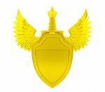 Golden Shield With Wings And Sword Stock Photo