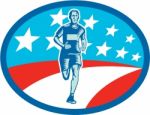 Marathon Runner Usa Flag Oval Woodcut Stock Photo
