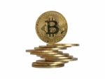 Bitcoin. Golden Cryptocurrency Coin Stock Photo