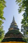 Old Pagoda Made From Brick With Tree And Blue Sky Stock Photo