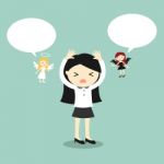 Business Concept, Business Woman With Angel And Devil And Bubble Speech Stock Photo