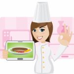 Cartoon Little Chef Showing Menu Steak In Tablet Stock Photo