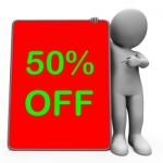 Fifty Percent Off Tablet Character Means 50% Reduction Or Sale O Stock Photo