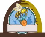 Bee Carrying Honey Pot Skep Circle Drawing Stock Photo