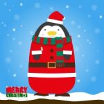 Merry Christmas Penguin In Santa Claus Suit Stock Photo